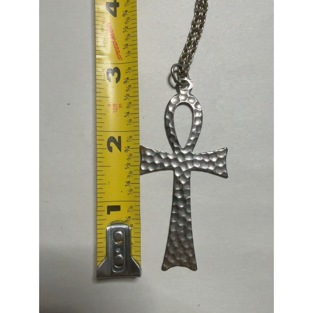 T20255-Vintage Ankh Egyptian Key of Life Pendant Necklace Hammered Silver Tone - Picture 5 of 7